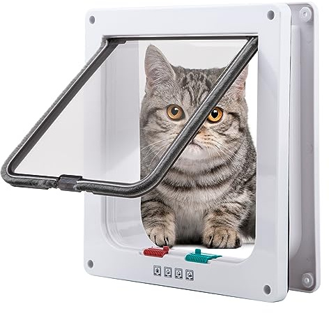 Tkoofn 4 Wege Katzenklappe, Sicherheitsverschluss Magnetverschluss Mit Wetterdichtung, für Katze, Kätzchen, kleinen Hund, Haustier - Groß Weiß