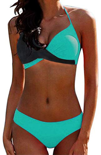 JFAN Donna Costume da Bagno Push Up Imbottito Reggiseno Bikini Donna Due Pezzi Swimwear Abiti da Spiaggia（Blu,M