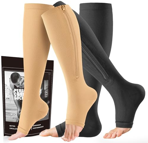 cerpite Zipper Compression Socks - 2 Pairs Open Toe Compression Stockings for Men Women 15-20mmHg,Suit for Running, Sport
