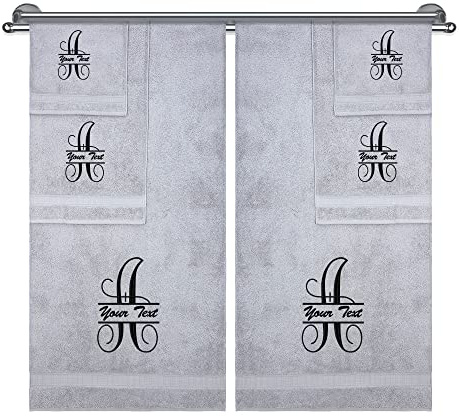 Monogrammed Towel Set, Hotel & Spa Quality, Super Soft, Highly Absorbent, Bathroom Sets, 100% Cotton Personalized 6 Piece Towel Set, Includes 2 Bath Towels, 2 Hand Towels, 2 Washcloths, Light Grey