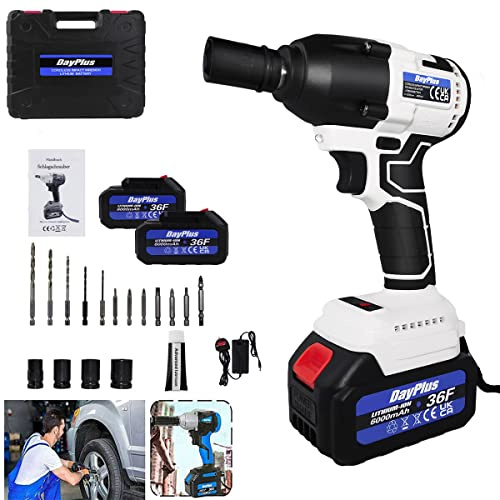 Llave de impacto eléctrica inalámbrica, herramienta de destornillador de pistola de taladro de 1,27 cm, 4 unidades, 12 brocas, 1,27 cm con luz de trabajo LED y 2 baterías