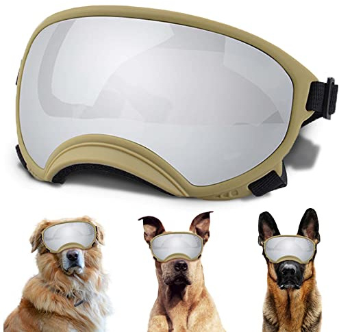 NICERINC PET Large Dog Sunglasses with Adjustable Strap UV Protection, Windproof, Suitable for Medium-Large Dogs, Black, KhakiSilver, Size L