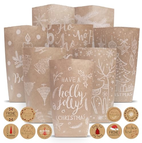 BIROYAL Papiertüten, 24 Stk. Geschenktüten mit 100 Weihnachtsaufkleber & Klammer, Kraftpapiertüten Verpackung Papierbeutel Obstbeutel Butterbrottüten Geburtstag Hochzeit Party Tüten Geschenktaschen