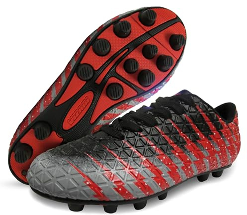 VIZARI Boys FG Football Boots – Kids Firm Ground Football Shoes for Indoor & Outdoor Play – Comfortable Youth Soccer Cleats for Training & Match Use Black Red Silver