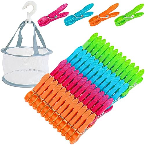 KEYBOO 48 Pcs Clothes Pegs for Washing Line with Bag, Clothes Pegs Extra Strong, Washing Line Pegs Basket Laundry Pegs, Plastic Clothes Peg and Bag Set for Clothing Outside Home and Garden
