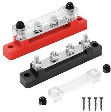 GUNGY Bloc de Distribution D'alimentation 12V-48V DC BusBar 150A Barres de Distribution D'énergie avec 4 x M6 Boulons de Borne pour Voiture Camion Bateau Rouge Noir 2 Pièces