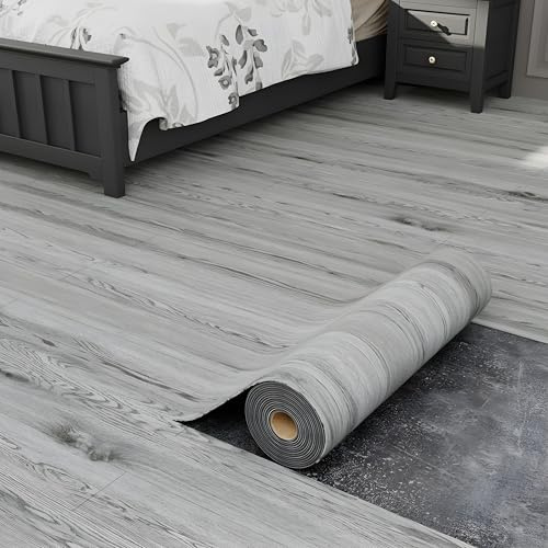 Oxdigi Peel and Stick Vinyl Flooring Roll 23x 393/64 Sq.Ft, Thicken Self Adhesive Vinyl Floor Tiles Wood Plank Flooring Waterproof Wear-Resistant for Any Room, Easy DIY Floor Coverings, Grey Wood