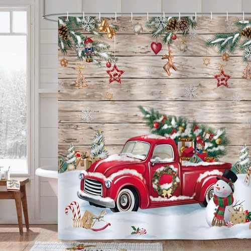 Bonhause Duschvorhang Weihnachten LKW Weihnachtsbaum Schneemann Xmas Winter Duschvorhänge 180 x 180 cm Anti-Schimmel Wasserdicht Polyester Stoff Waschbar Bad Vorhäng für Badzimmer mit 12 Haken