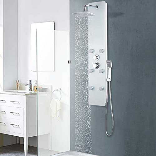 ARKEM Pannello Doccia in Vetro 25x44,6x130 cm Bianco,Colonna Doccia Idromassaggio Miscelatore per Vasca Funzioni Pannello Doccia Set Acciaio Inox Sistema Set Doccia con Soffione Fisso,Massaggi,Doccett