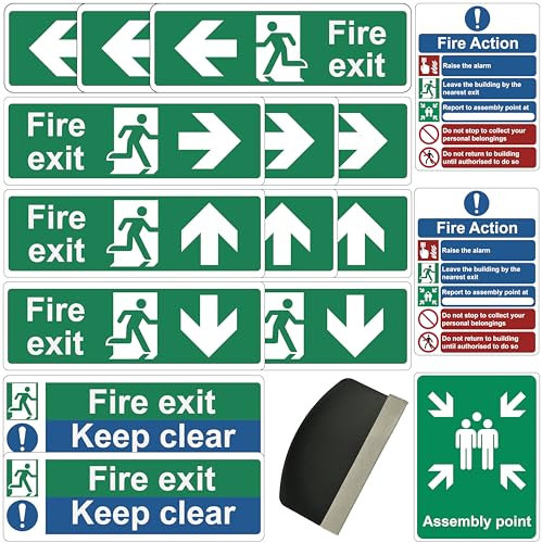 Fire Safety Signs – 17pc Pack with 16 Stickers & Squeegee – Fire Exit, Action & Assembly Point Compliance Kit & Door Stickers