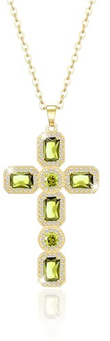 Linawe Peridot Green Cross Necklace for Women, Gold Jewellery Cross Charm Pendant Chain Necklace, Crystal Imitation Diamond Birthstone Rhinestone Necklace, Catholic Birthday Mom Gifts