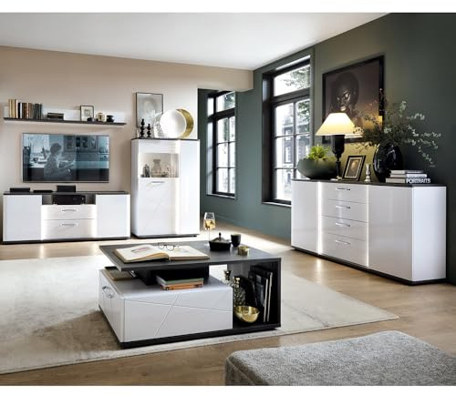 Lomadox Wohnwand Wohnmöbel Set weiß 5-teilig Modern, 1 Wandboard, 1 Lowboard, 1 Highboard, 1 Couchtisch, 1 Sideboard inkl. Beleuchtung