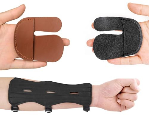 Fiita Bogenschießen Arm Guard Finger Schutz Set, Schutzleder mit 3-Schnallen, Unterarm Handgelenkschutz Jagd Schießen Arm Schutz, Schießen Jagd Pfeil Bogen Ausrüstung(Kaffeefarbe)