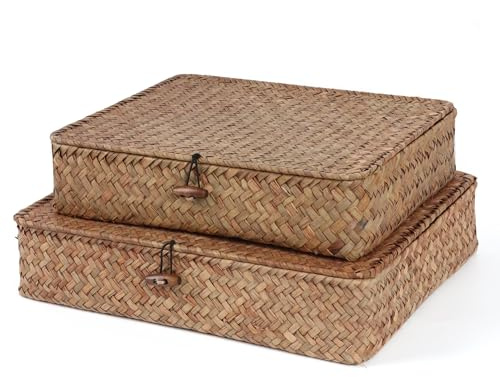 Moosky Flat Wicker Shelf Baskets with Lid, Handwoven Seagrass Basket Boxes for Storage Baskets Bins Home Decor Organizer (Coffee Set of 2)