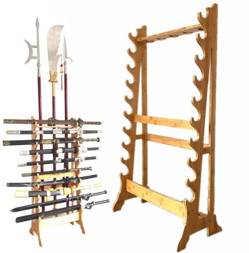 LSRFXF Vertikaler Kampfkunst-Schwertständer aus massivem Holz, 10/12 stöckige Waffenausstellungs-Waffenregale, Kleiderbügel zur Aufbewahrung verschiedener Schwerter und Langwaffen