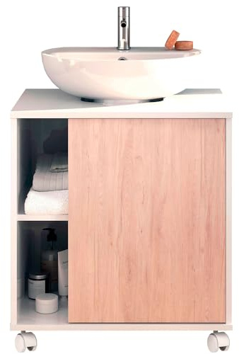 briebe Mueble Baño Bajo Lavabo Pie Armario Auxiliar para Lavabos con o sin Pedestal 64x59x45 cm, 1 Puerta, Espacio de Almacenamiento 6 Estantes, Esencia (Blanco Brillo/Roble Aurora)