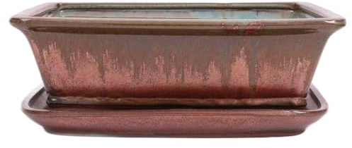 Bonsai - Schale eckig 32.5 x 25.5 x 10.5 cm, grün/Kupfer, mit Untersetzer 41117