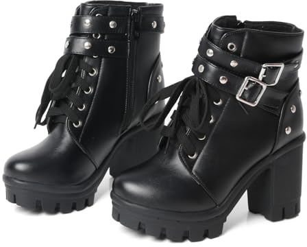 FOREADA Gothic-Stiefel mit klobigem Absatz für Damen, knöchelhoch, schwarz, Plateau-Stiefel, Schnalle, Nieten, Punk, Gothic, Schuhe mit Reißverschluss, Dicker Absatz, Schwarz, 38.5 EU
