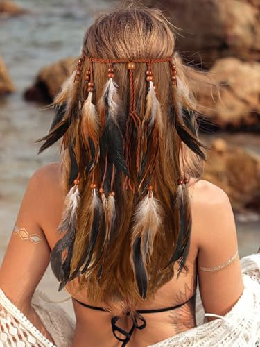 Fashband Feder-Stirnband, Boho-Quaste, Hippie-Kopfschmuck, Tribal-Kopfschmuck im Stil der nordamerikanischen Ureinwohner, Festival, Haarschmuck für Damen (Braun, Einheitsgröße)