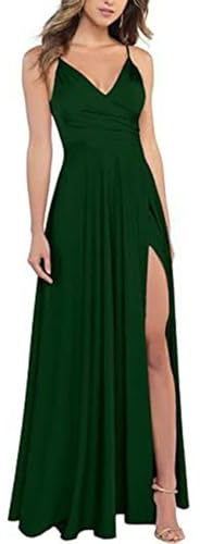 xxxiticat - Abito da donna, con spalline sottili, scollo a V, in satin, da damigella, formale, a linea A, per ballo di fine anno, con spacco, verde scuro, XS