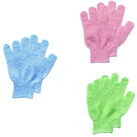 DOETYD 6Pcs Exfoliating Glove Exfoliating Mitt Body Exfoliator Shower Gloves with Body Scrub for Ingrown Hair Treatment Dead Skin Remover Spa Massage Green Blue Pink