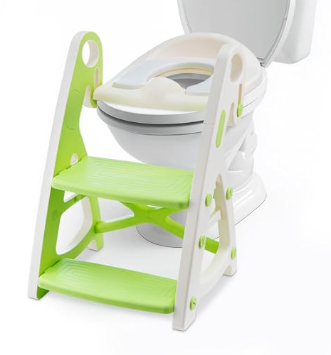 Holdfiturn Potty Training Seat Toilet Seat Kids Adjustable Potty Ladder Seat for Toilet Training with Steps Handle Soft Cushion Design 2 in 1 Potty Training Toilet Seat (Green)