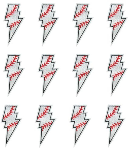 12Pcs Lightning Baseball Iron on Patches, Game Day DIY Accessories, White Sports Embroidered Iron on Patches for Hats, Clothes, Jeans, Jackets, Backpacks