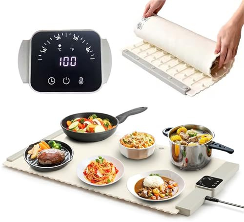 Tappetino scaldavivande elettrico,vassoio scaldavivande portatile in silicone,piastra scaldavivande pieghevole arrotolabile con temperatura e temporizzazione regolabili,for buffet domestici ristoranti