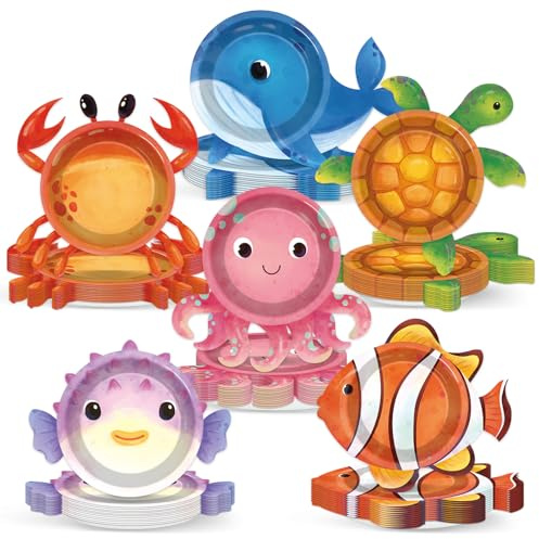 Justforjoyful 48Pcs Ocean Animal Shaped Paper Plates Under the Sea Party Supplies Sea Animal Tableware 7In Underwater Dinner Plates for Boys Girls Marine Animal Birthday Party Baby Shower Decorations