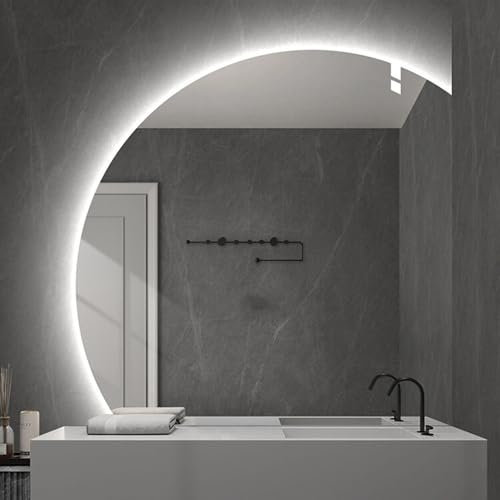 Pealihuy Specchio da toeletta con illuminazione a LED intelligente, specchio da bagno a mezzaluna 28x28 pollici, antideflagrante, specchio da parete per camera da letto, specchio per il trucco retroi