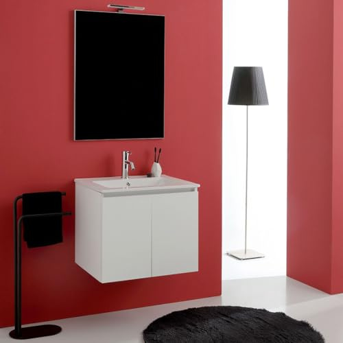 Kiamami Valentina Mobile Bagno Sospeso 60cm 2 Ante Bianco Bilbao Lavabo | Base in legno nobilitato bianco, lavabo ceramica, specchio 60x80cm incluso, già assemblato