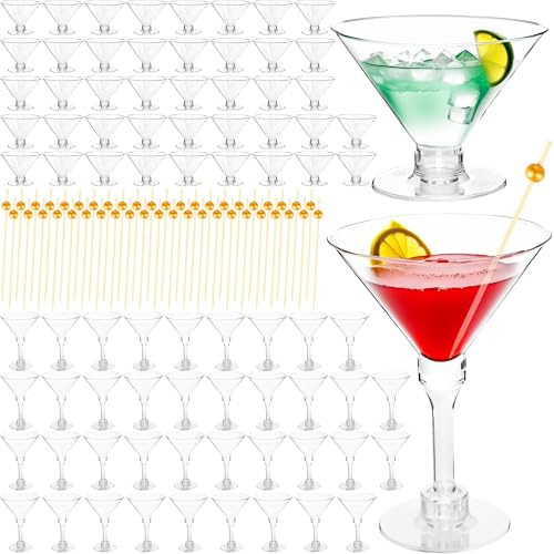 Drayear 100 Pcs 5 oz Martini Glasses Set Includes 50 Pcs Tall Cocktail Glasses and 50 Pcs Short Martini Cups with 100 Pcs Cocktail Sticks for Birthday Wedding Disco Parties Wine Dessert Puddings