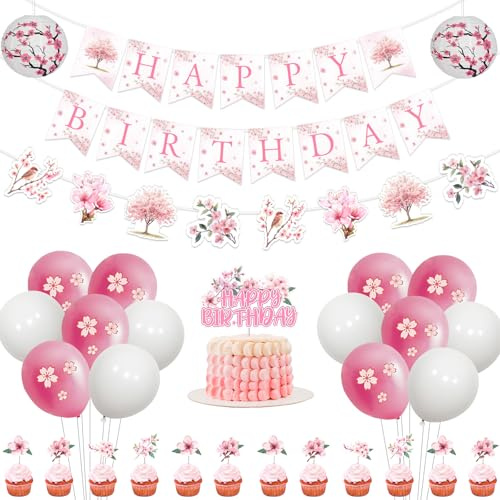 Fangleland Decoración de fiesta de cumpleaños de flor de cerezo rosa, pancarta de feliz cumpleaños, guirnalda temática de Sakura, decoración de cupcakes, linternas de papel y globos para suministros