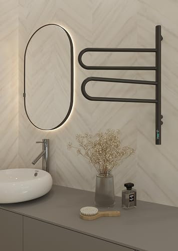 Elna - Scaldasalviette elettrico 62 W, 650 x 460 mm, colore nero, con 2 bracci girevoli, timer e termostato, IP44, montaggio a parete