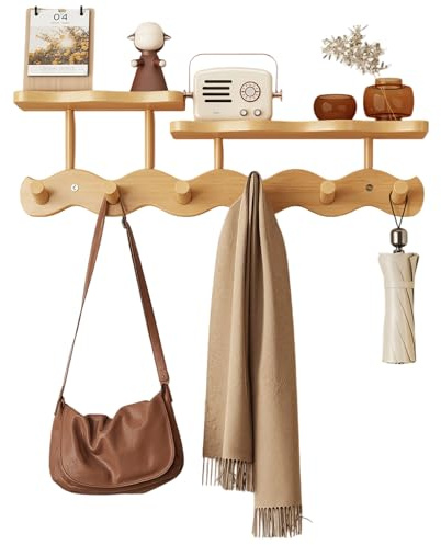 Appendiabiti in bambù con mensola, 52 cm, ganci a parete a doppio strato, 6 robusti ganci in legno per ingresso, corridoio, bagno e camera da letto, appendiabiti salvaspazio per cappotti, cappelli