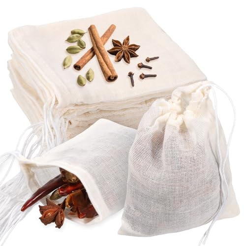 60 Pcs Drawstring Muslin Bags for Cooking 4x3 Inch Reusable Mesh Bags Loose Tea Cloth Bag Sachet Empty Spice Bags for Filtering Cooking Soups Herbal Teas Cold Brewed Coffee
