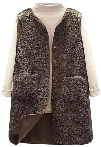 Yutdeng Long Teddy Fleece Gilet for Women UK Ladies Lightweight Body Warmers Sleeveless Jackets Button Down Vest Top Waistcoat Polar Fleece V Neck Jacket Winter Coats with Pockets