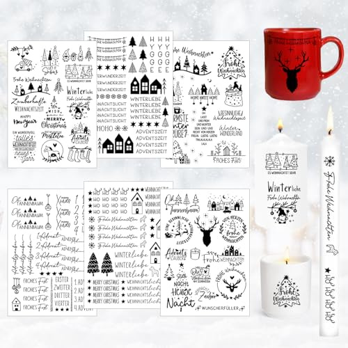 6 Stück Kerzentattoo Weihnachten, A5 Kerzen Tattoo Folie Advent, Kerzentattoos Wassertransferdruck, Wasserschiebefolie Kerzen Tattoo, für Adventskerzen, Tasse, Keramik (B)