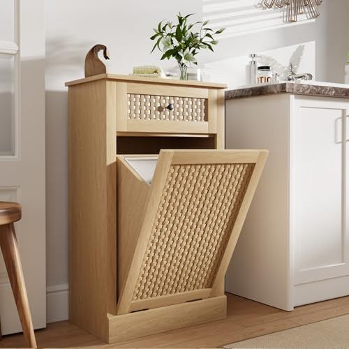 Rymeera Tilt Out Laundry Hamper Cabinet, Rattan-Style Laundry Room Organization with Removable Laundry Basket, Hidden Wood Dirty Clothes Hamper with Drawer, 21.6 L x 13 W x 35.8 H, Wood