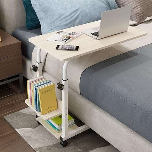Tragbarer Betttisch Auf Rollen, Höhenverstellbarer Rolltisch, Multifunktionaler Laptop-Nachttisch Für Schlafzimmer, Wohnzimmer Und Büro(White)