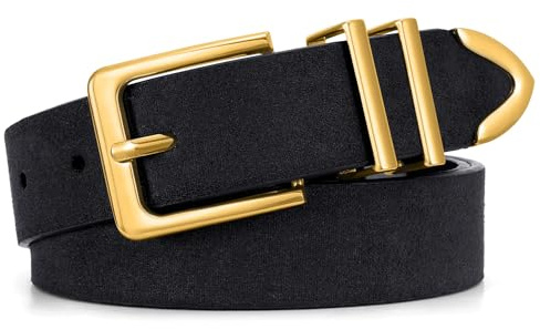 JASGOOD Ceinture Femme Cuir Suédé à Boucle Dorée Ceinture Taille Décontractée Mode pour Jeans et Pantalons