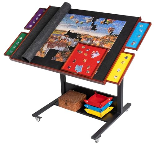 Becko US 36.6 x 26 Inches Tilting Puzzle Table/Board for 1500 Pieces, Jigsaw Puzzle Table with Drawers & Height Adjustment, 5 Colored Sorting Trays with Felt Cover Protecting, Movable with 4 Wheels
