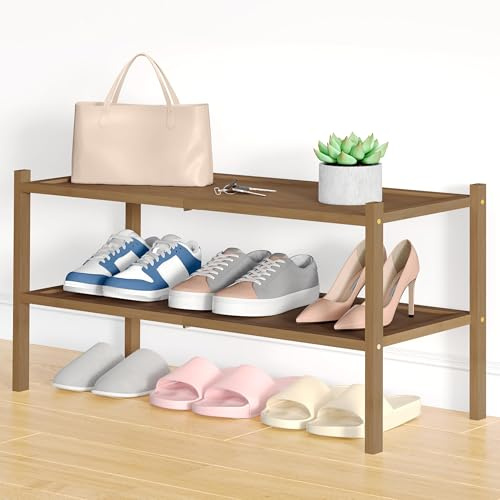 smiry Bamboo Shoe Rack, 2 Tier Shoe Organizer for Entryway & Living Room, Stackable Free Standing Storage Shelf for Shoes, Bags & Plants, Walnut