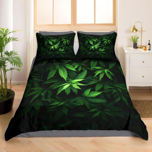TACOKI Copripiumino Matrimoniale Foglie di Marijuana Infestanti Reversibile, Set di Biancheria da Letto Foglie Verdi in Microfibra Morbido 3 Pezzi Copri Piumino 240x220 con 2 Federe 5536a