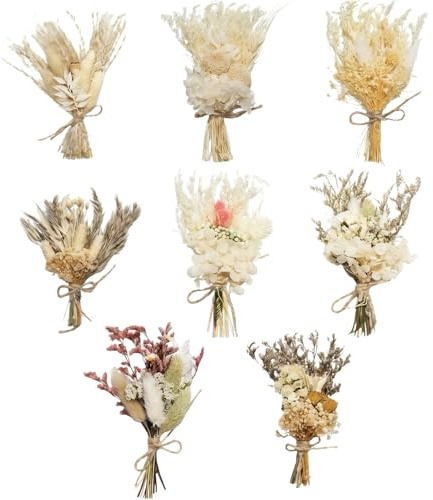 Wulshome 8 Bündel Trockenblumen Klein Trockenblumenstrauß, Blumenstrauß Getrocknete Blumen DIY Trockenblumen Boho Mini Trockenblumenstrauß für Hochzeitsdekoration Bilderrahmen(A-Beige Familie)