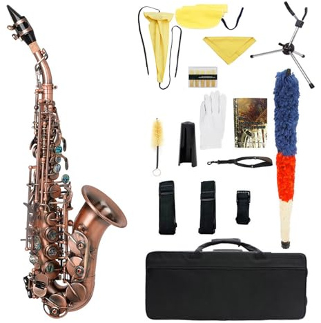 TIKATARER Messing-Sopransaxophon, B-Tasten-Holzblasinstrument, Vintage-Bronze-Finish-Saxophon mit Handgeschnitztem Design, Inklusive Tragetasche, Ständer, Riemen und Reinigungsset, Ideal für