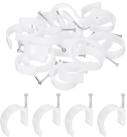 QUARKZMAN 50 Piezas De Grapas Para Cables Con Clavo 32mm Circulares Tipo J De Media Abrazadera Grapas Para Cables Para Pared Para Ethernet Grapas Coaxial Soporte Para Tubos Pex, Blanco