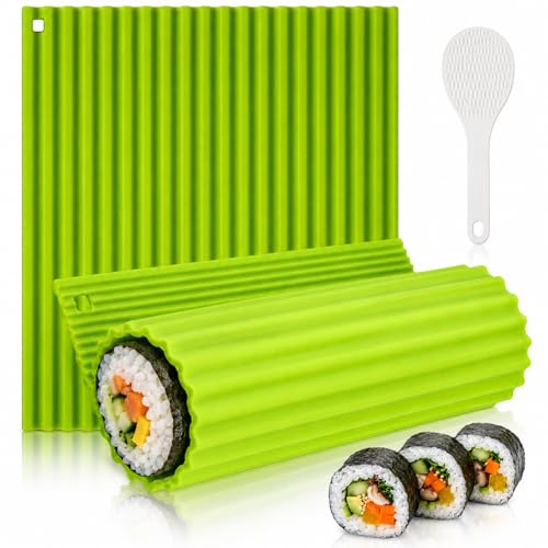 Gyism 2 Stück Sushi Matte mit Reislöffel, 22 x 20cm Silikon Sushi Rolle, Wiederverwendbarv Silikon-Sushi-Set DIY Sushi Roll Set für Anfänger, Kinder, Picknick, Reisen & Party (22 * 20cm)