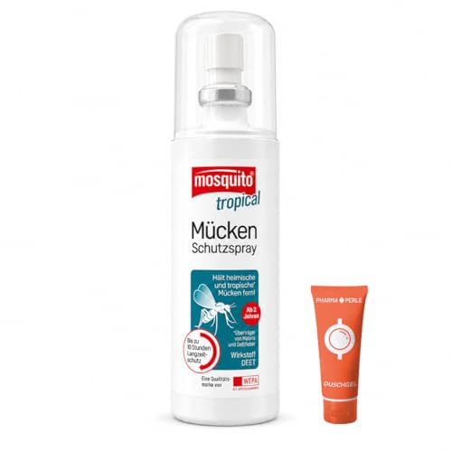 Mosquito tropical Mücken-Schutzspray 100 ml I Insektenschutz mit 50% DEET I für Reise & Outdoor I bis zu 10 h Schutz I für tropische & subtropische Regionen I mit Pharma Perle Duschgel (1, 100ml)