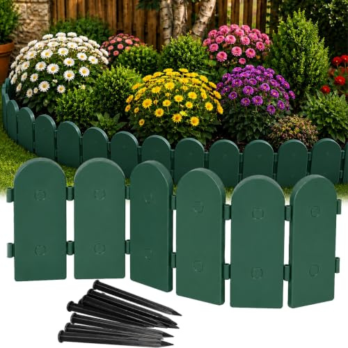 GARDENIX Palissade de jardin aspect bois de 2,4 m - Vert - En plastique - Bordure de pelouse flexible à clipser - 12 ancrages au sol - Bordure de parterre en bois - Clôture de jardin pour parterres de